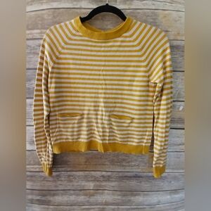 Anthropologie yellow/white striped sweater, open back, crew neck, XS